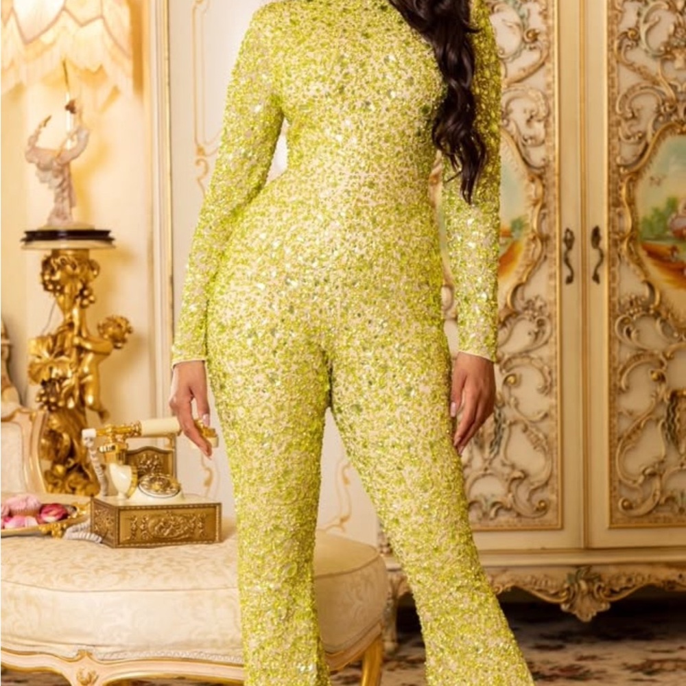 Yellow Sequin Jumpsuit with Flared Legs and High Neckline